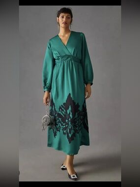 NIKASHA Anthro Green Satin Embroidered Empire Maxi Dress NWT $290 summer party